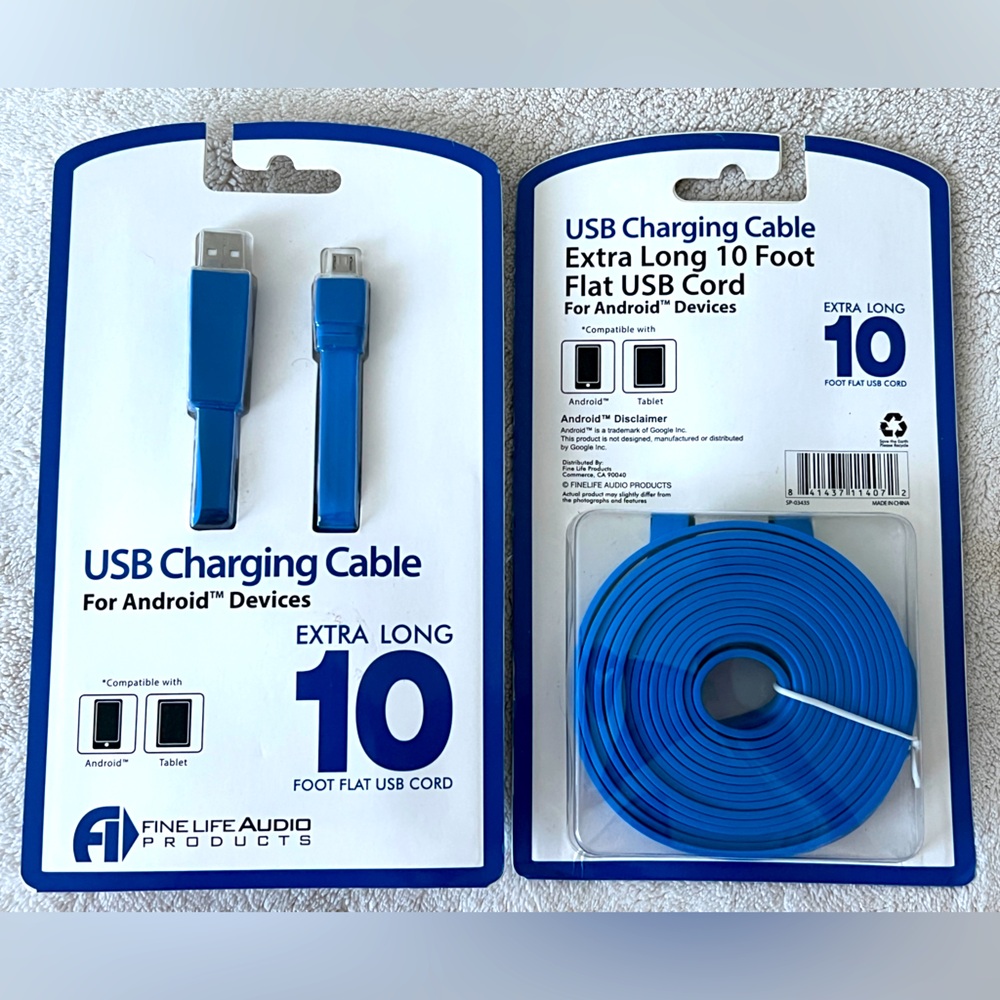 New USB Charging Cables-EXTRA LONG 10 foot flat USB cords for Android and Tablet